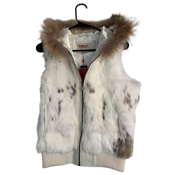 NWT Only Brand Womens White Genuine Rabbit Fur Hooded Vest 8936 Size Small - Picture 1 of 12